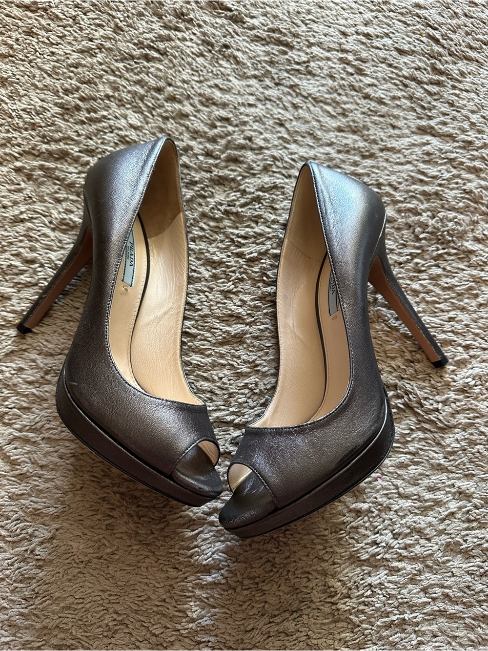 Prada Metallic Pewter Peep Toe Platform Pumps - Size 39.5 (Best for Narrow Feet)